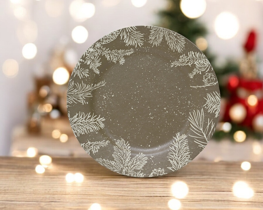 Assiette deco feuilles pomme de pin vert