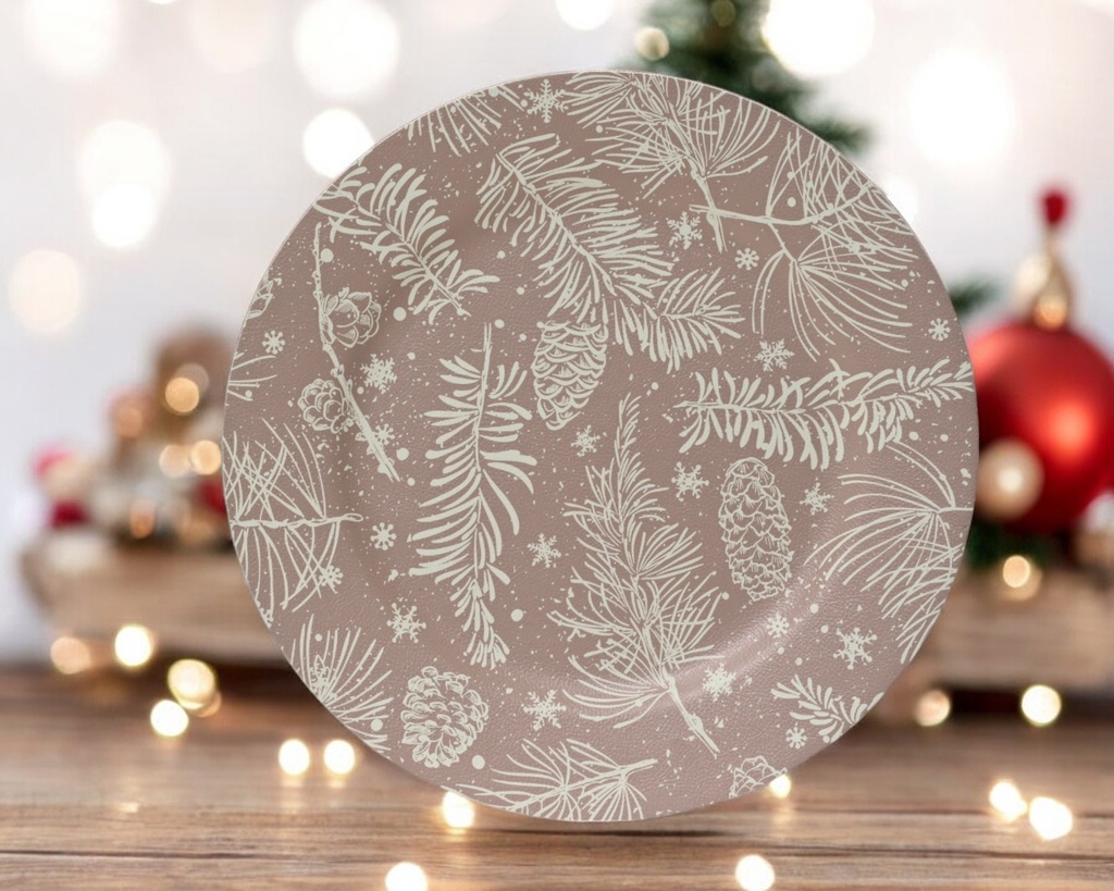 Assiette deco feuilles pomme de pin taupe