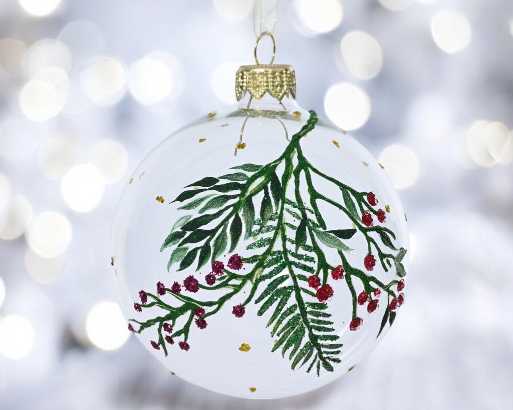 Boule verre transparent branche baies de haut en bas 