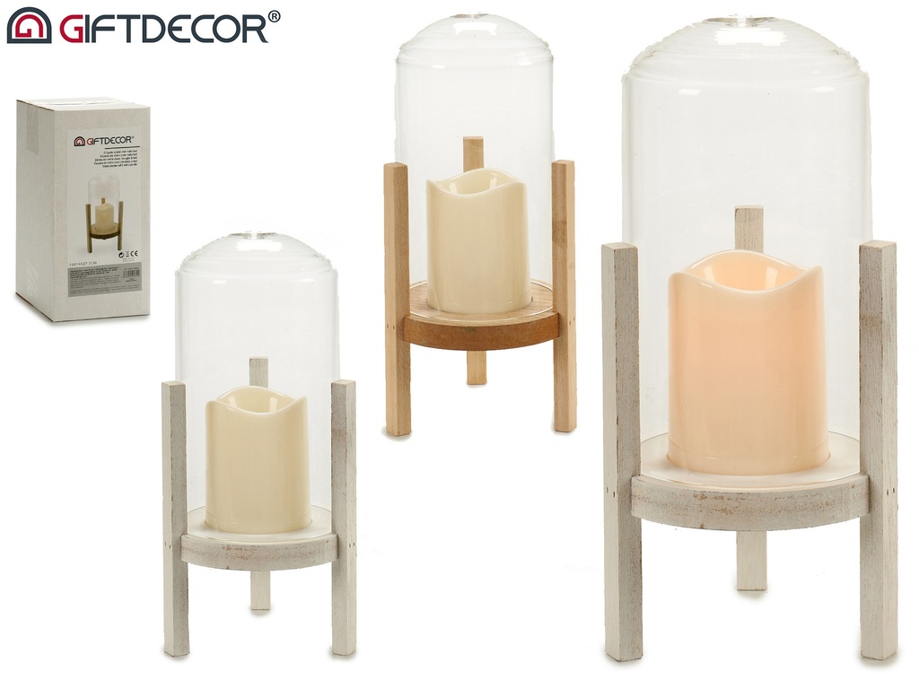Coupole verre bougie led base bois set2