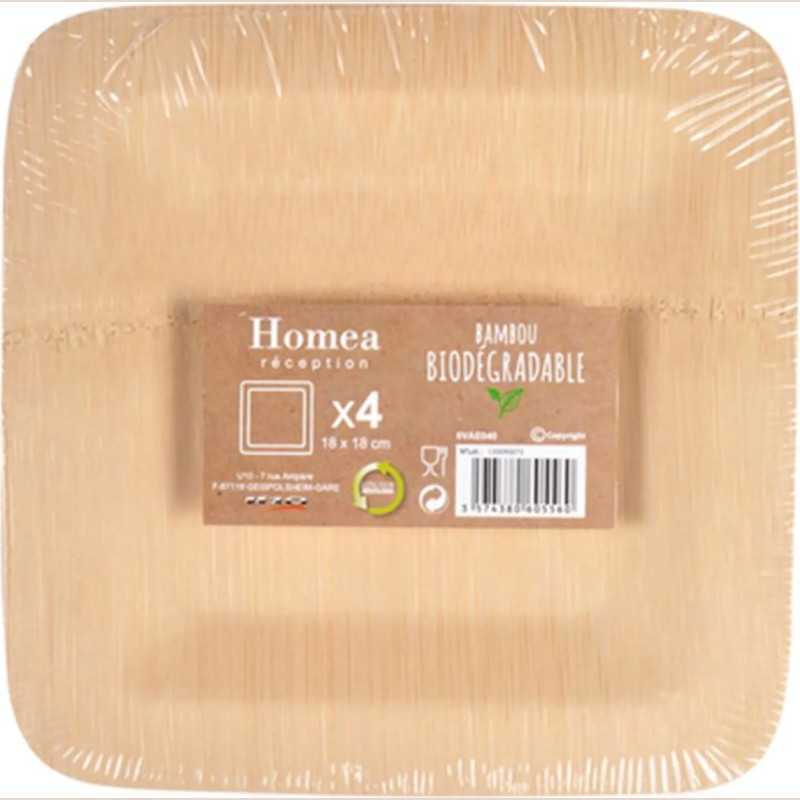 Lot de 4 assiettes carrees en bambou 18cm
