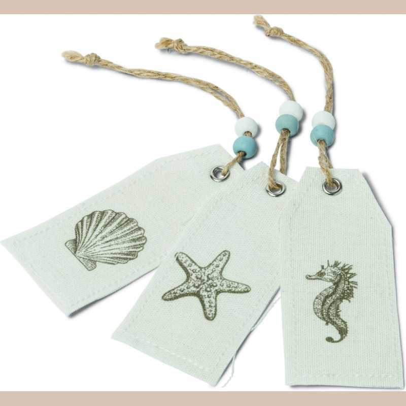 6 etiquettes coquillages taupe lin 9x4cm