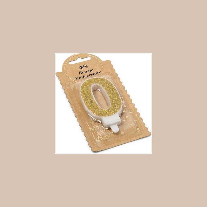 Bougie chiffre paillette doree "0" 7.3cm avec bobeche