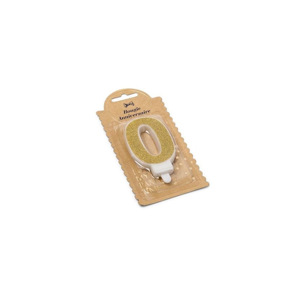 Bougie chiffre paillette doree "0" 7.3cm avec bobeche