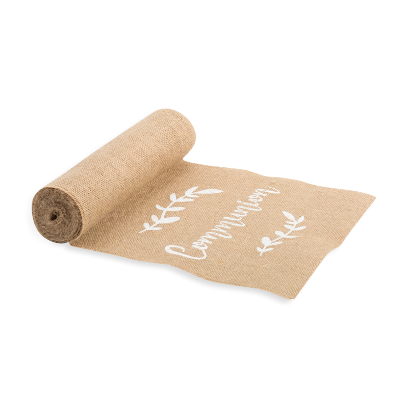 Chemin de table communion jute floquee blanc 28cm x5m
