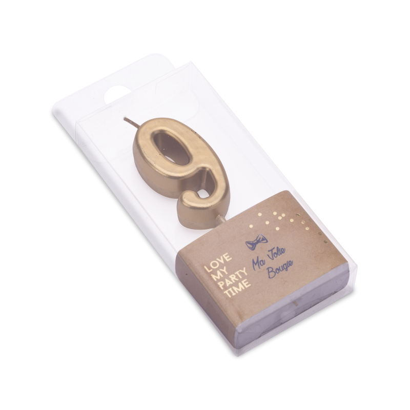 Bougie chiffre "9" metallise or 4.3 cm sur pic