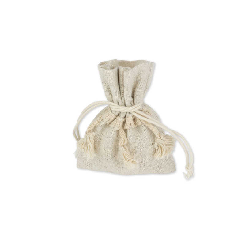 4 pochons ethnique lin pompons ivoire 8x10cm