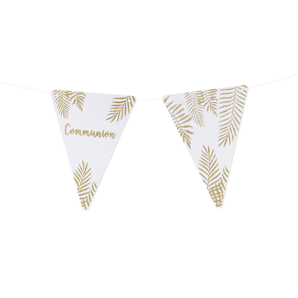 5 fanions fougeres communion blanc paillettes or 15x21cm recto/verso