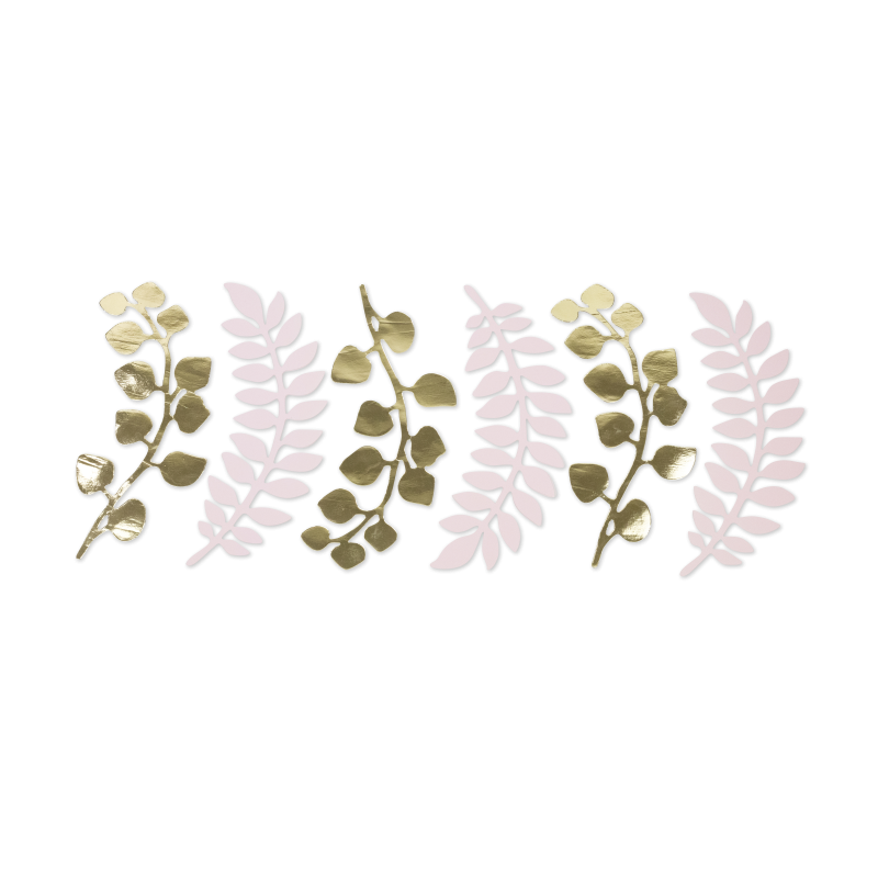 6 feuilles fougeres et eucalyptus rose poudre et or 30cm