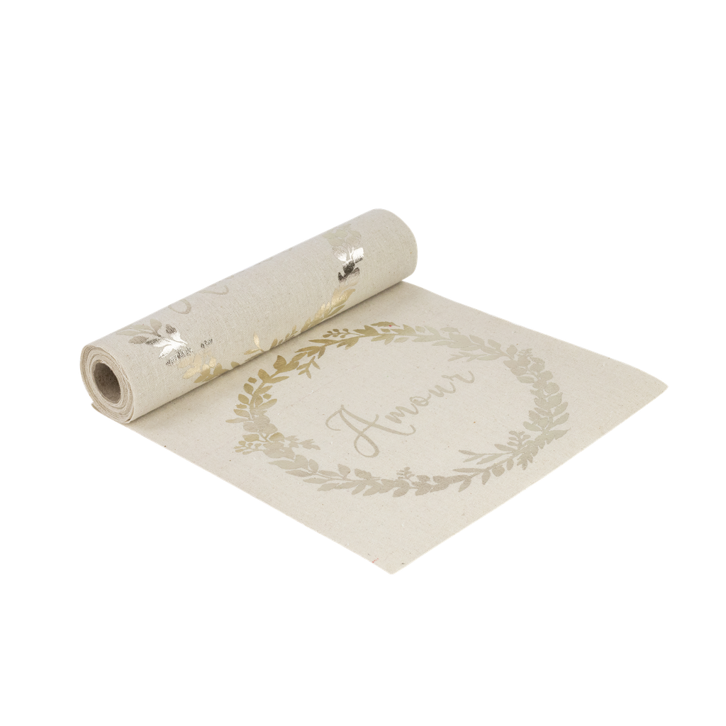 Chemin de table couronne vegetale a mour lin floque champagne 28cmx5m