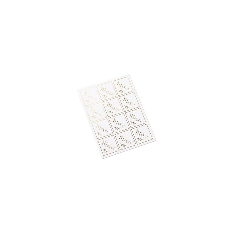 24 stickers blanc et or merci 4x4cm