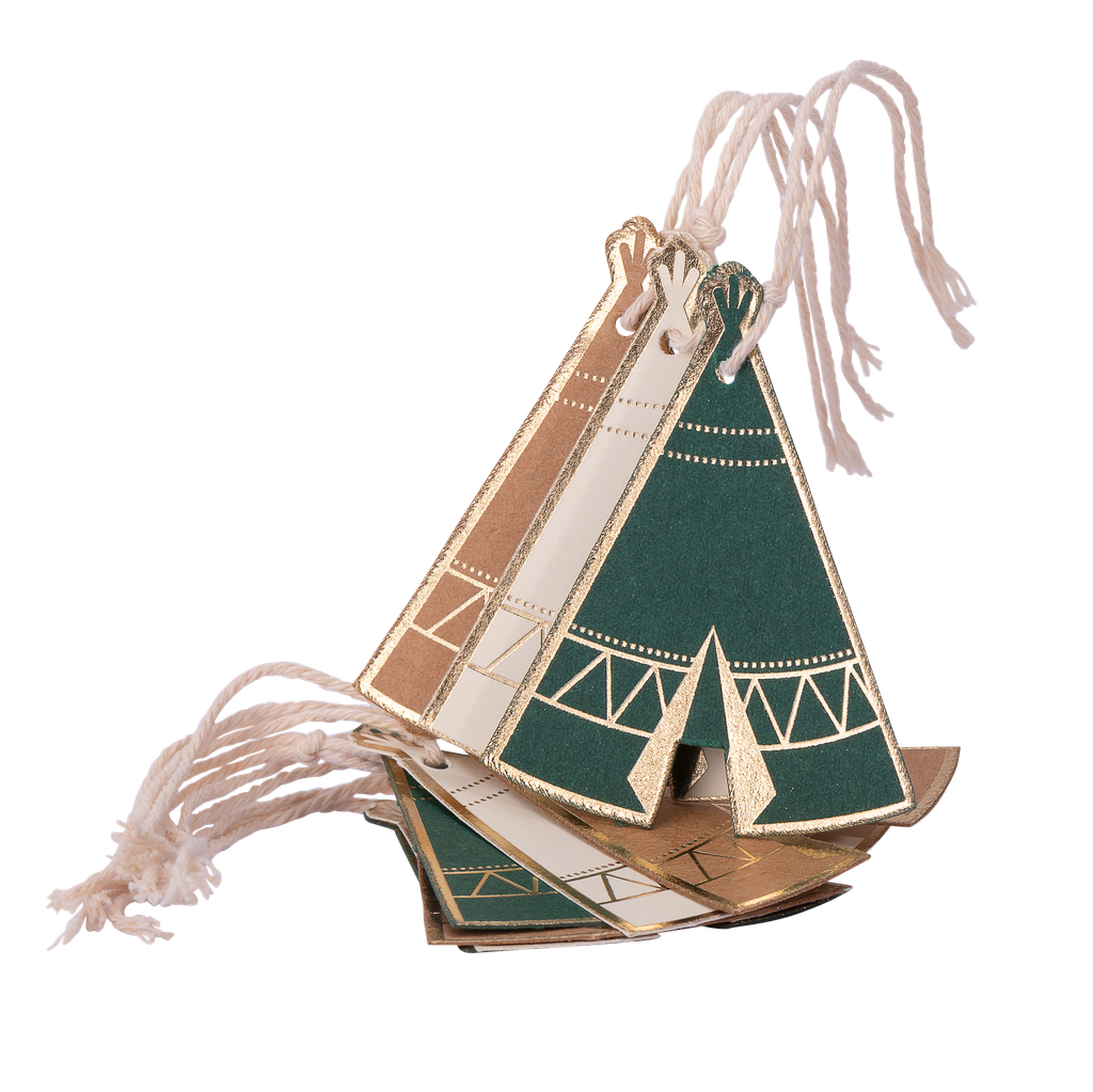 8 etiquettes tipi indian forest sur ficellekraft vert ivoire or 6.5x5c