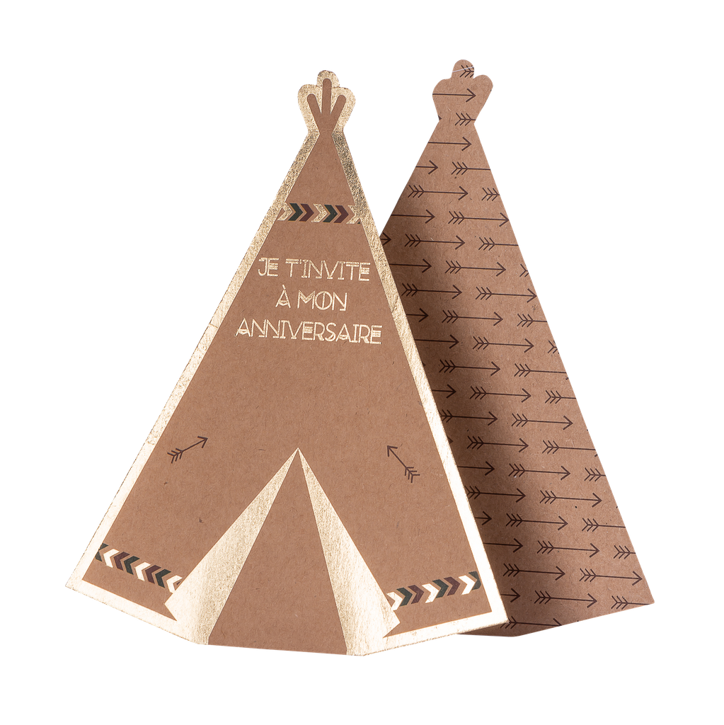 8 invitations tipi indian forest kr aft vert marron or 15.5x12.5 cm