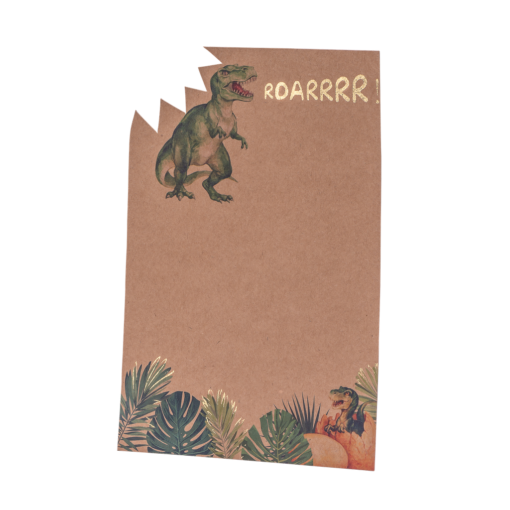 8 invitations dinosaure kraft, vert avec dorure 18x12cm