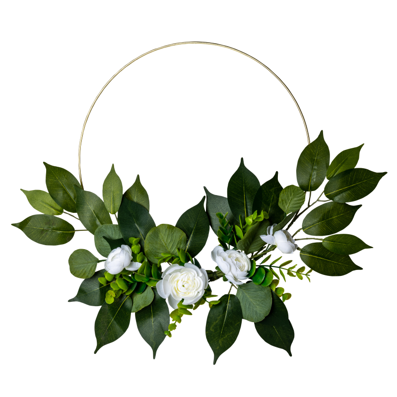 Couronne pivoines blanches laurier eucalyptus cercle metal or dia 30cm