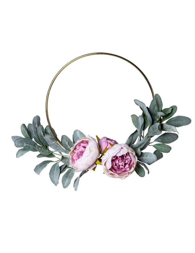 Couronne pivoines roses laurier euc alyptus cerle metal or diam 30cm
