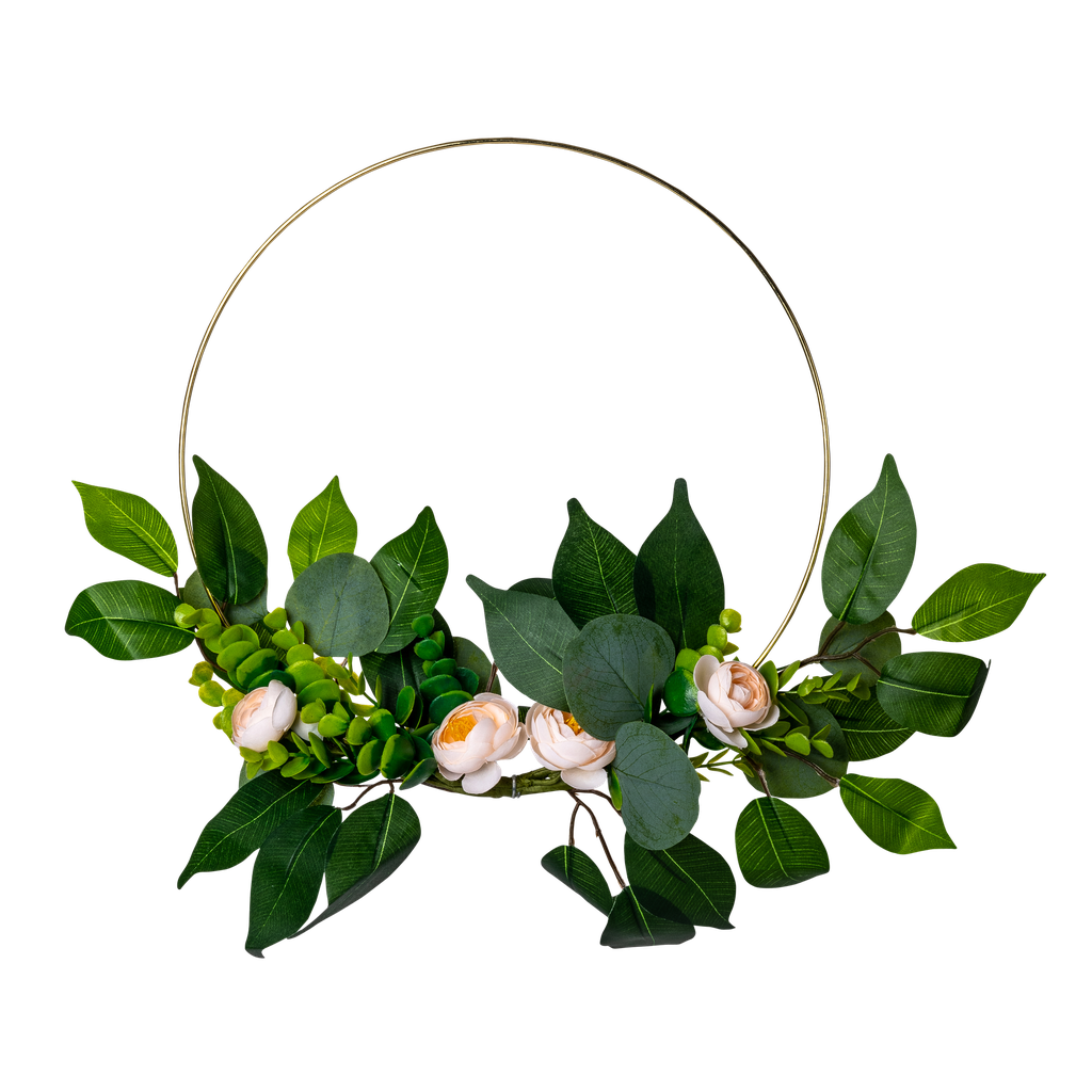 Couronne pivoines blush laurier euc alyptus cerle metal or diam 30cm