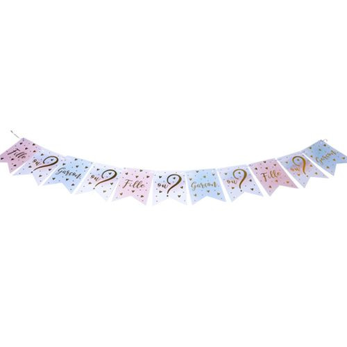 Guirlande gender reveal "fille ou garcon ?" papier rose bleu or 11 fanions 13x18cm 3,40m