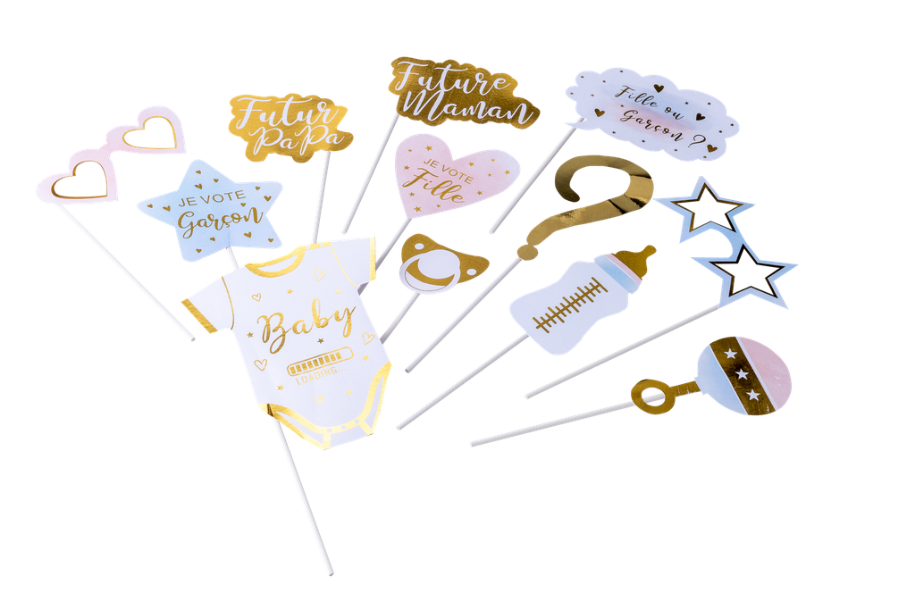Kit photobooth gender reveal "fille ou garçon?" papier rose, bleu, or 12pcs