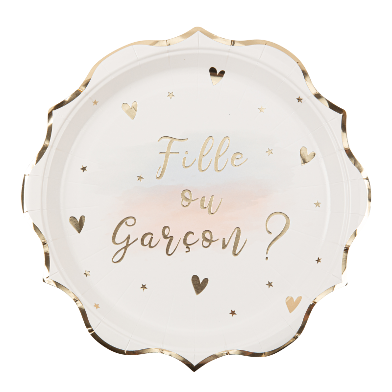 8 assiettes gender reveal "fille ou garcon ?" carton blanc rose bleu et or 23cm