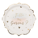 8 assiettes gender reveal "fille ou garcon ?" carton blanc rose bleu et or 23cm