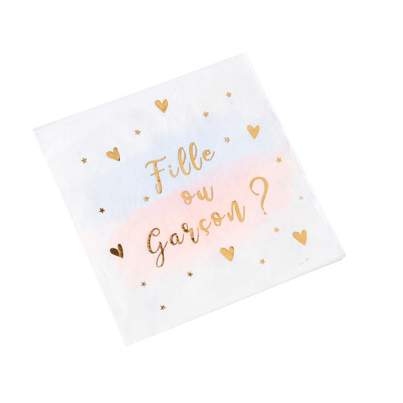 16 serviettes gender reveal "fille ou garçon ?" papier blanc rose bleu or 33x33cm -3plis