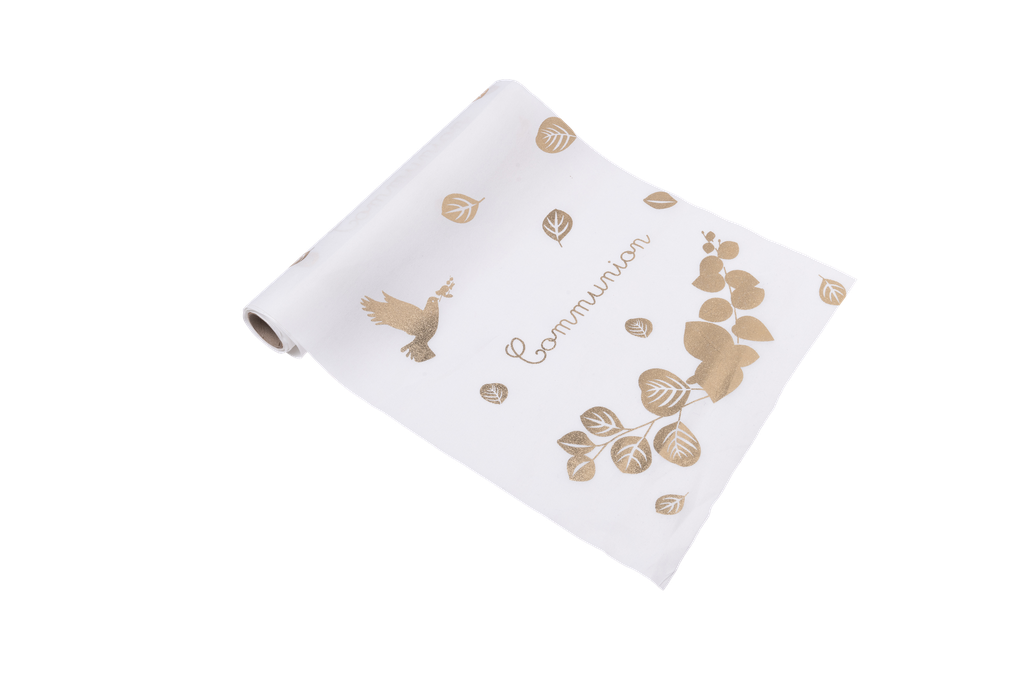 Chemin de table tissu communion col ombe et eucalyptus or 28cmx5m