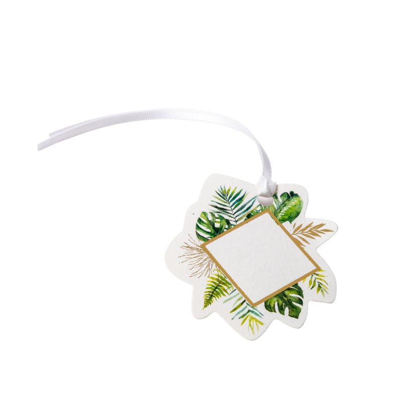 10 etiquettes tropical papier ivoire texture et or 5.5x6cm +ruban