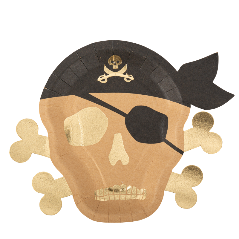 8 assiettes pirate carton kraft noir et or 27x22cm