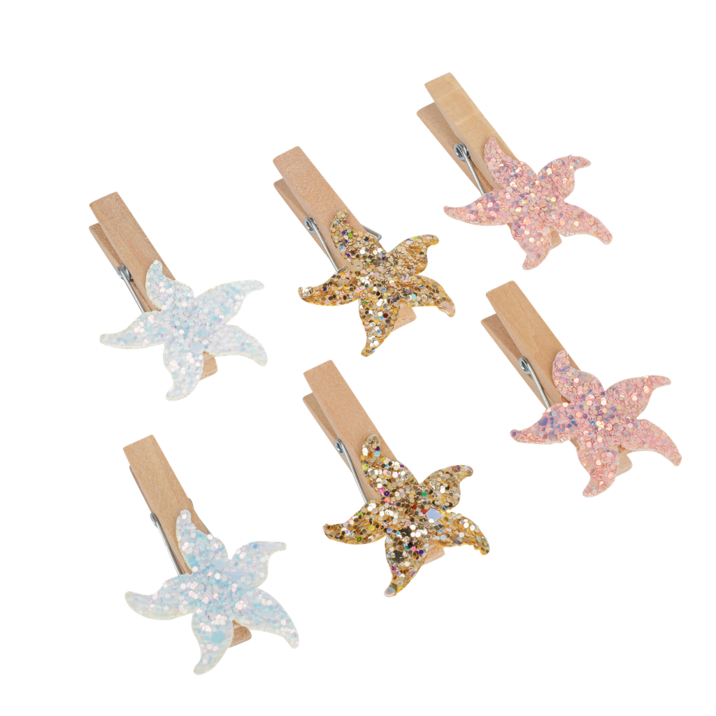 6 pinces etoiles de mer paillettes roses,blanches et or irisees 4.5x3.5cm