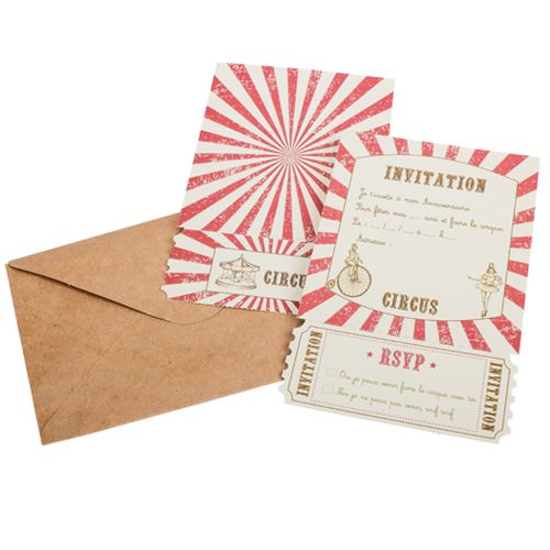 8 invitations circus vintage papier ivoire et rouge + 8 enveloppes kraft 10x15cm