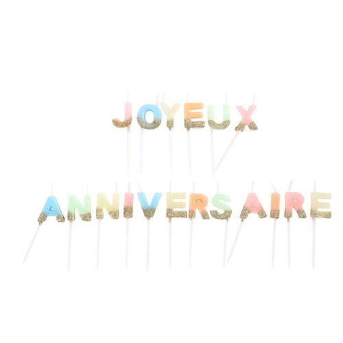 Bougies joyeux anniversaire multicolore et paillettes or 2.1cm sur pic