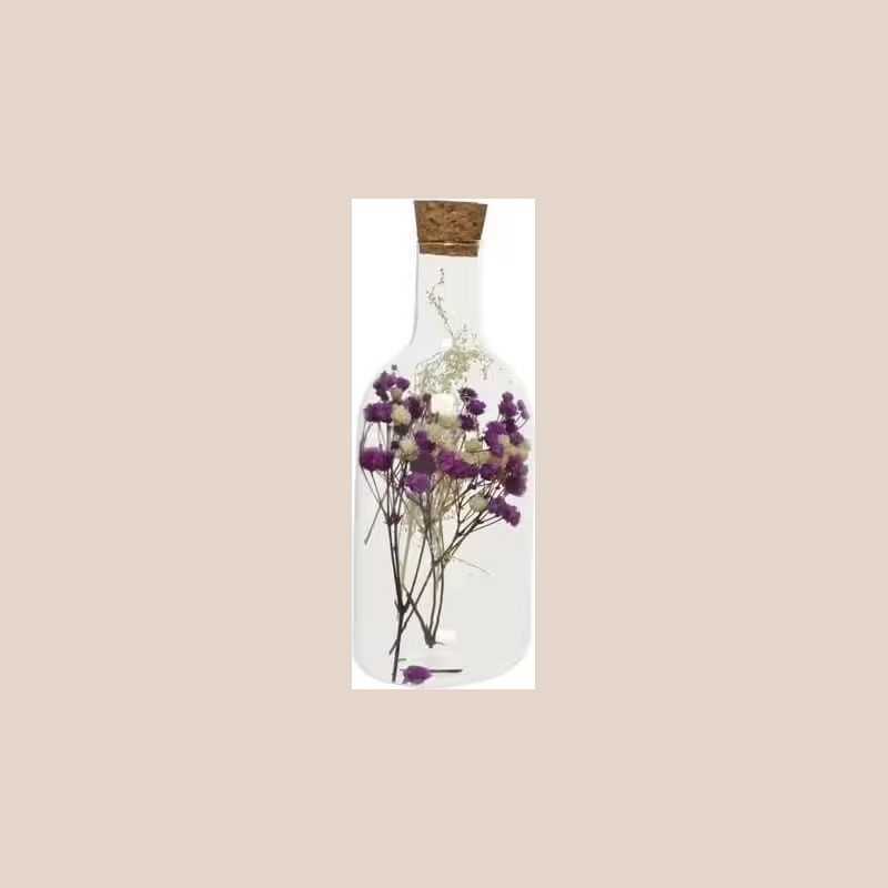 Bouteille verre fleurs séchées fuschia