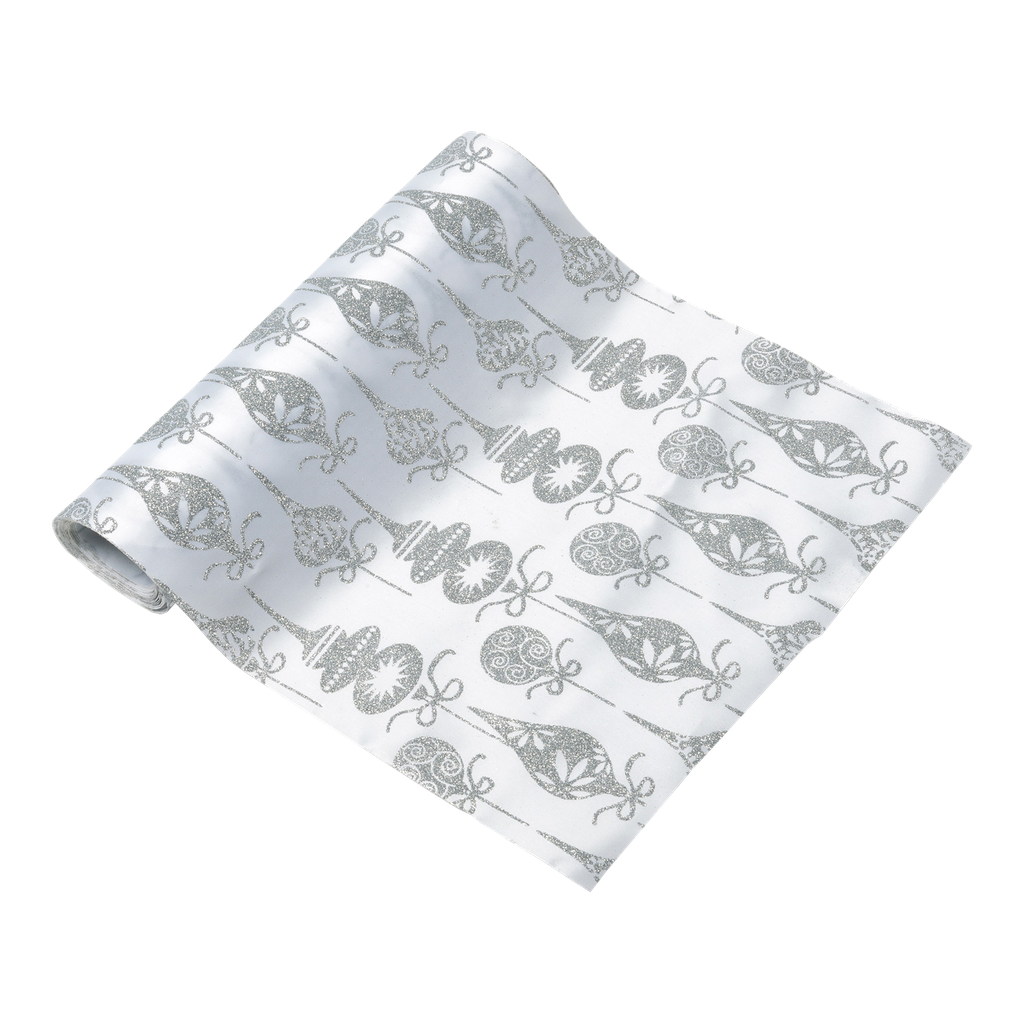 Chemin de table satin blanc boules de noel paillettes argent 28cmx5m