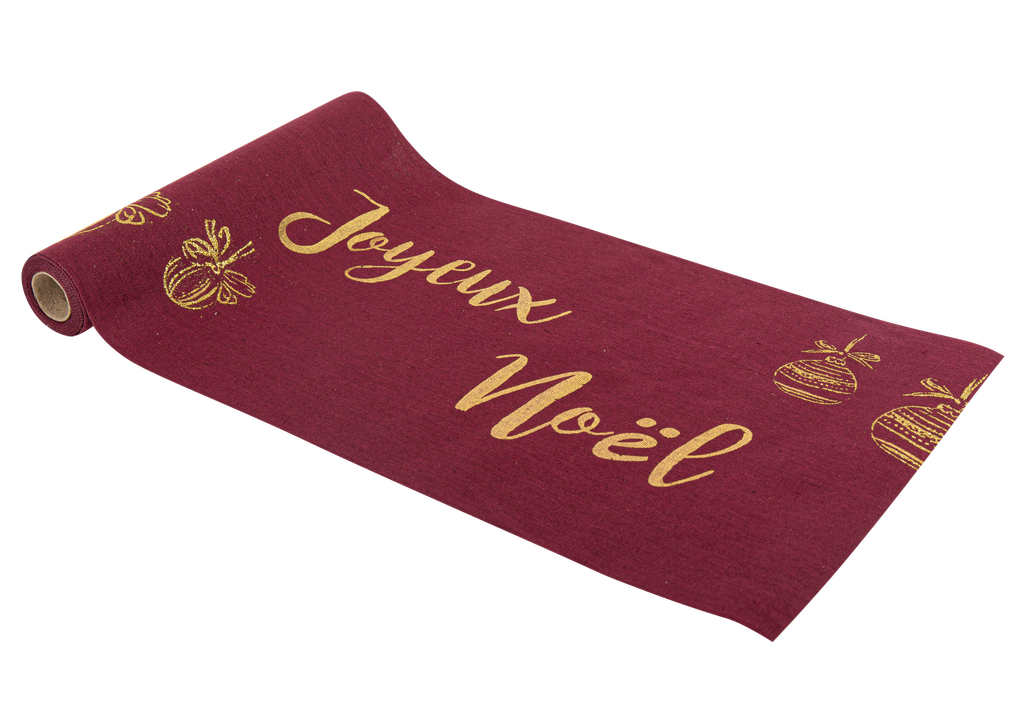 Chemin de table lin marsala joyeux noel floque & paillettes or 28cmx3m