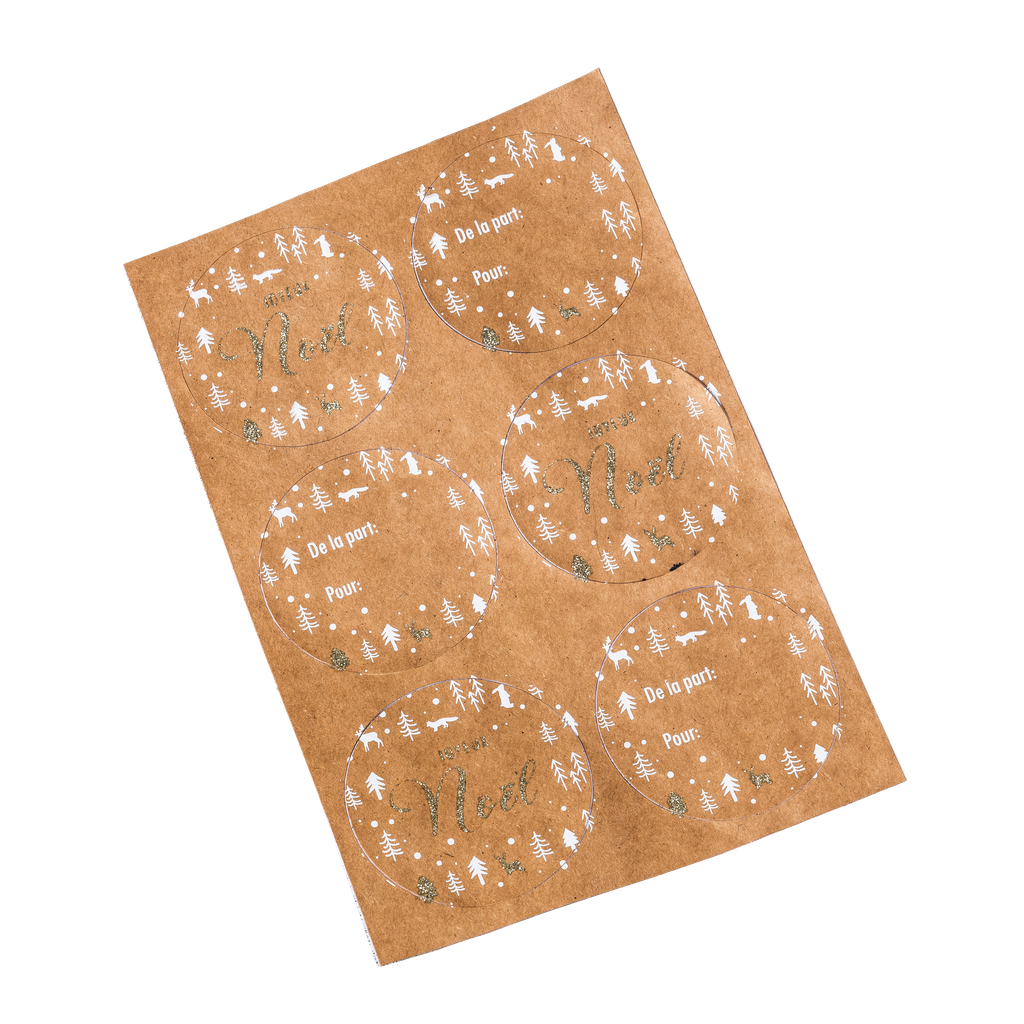 24 stickers a cadeaux kraft blanc p aillettes champagne diam 8cm