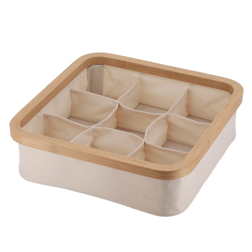 Panier carre pliable polyester 9 compartiments de rangement cerclage bambou - naturel/bambou