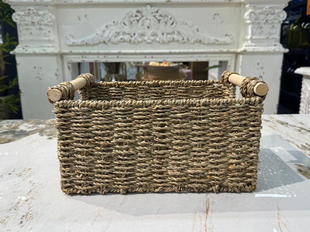 Panier en matiere vegetale poignees bois - naturel moyen 1