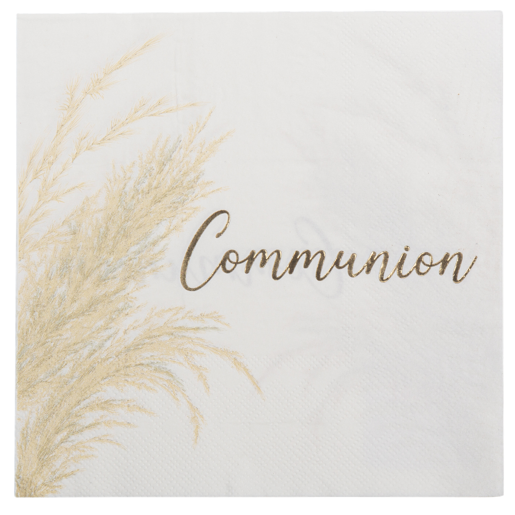 16 serviettes communion pampa blanc et or 3 plis 33x33cm