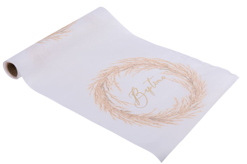 Chemin de table tissu bapteme blanc pampa et or 28cmx5m