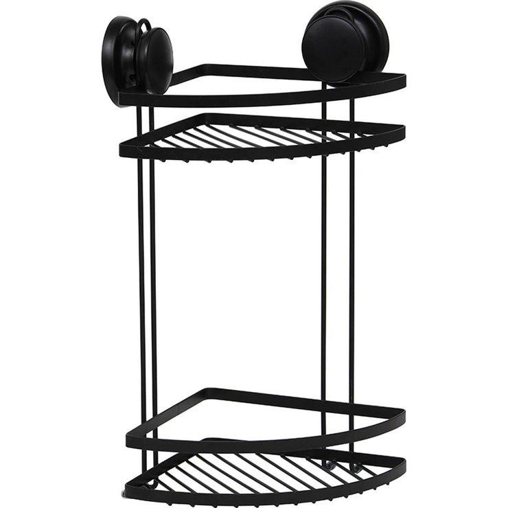 Etagere d'angle fil metal 2 niveaux sur ventouses - noir