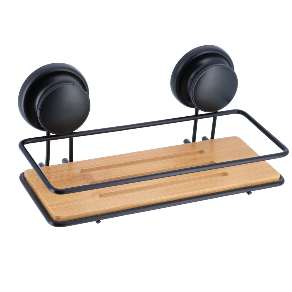 Panier rectangulaire sur ventouses structure metal/plateau bambou  - noir/bambou