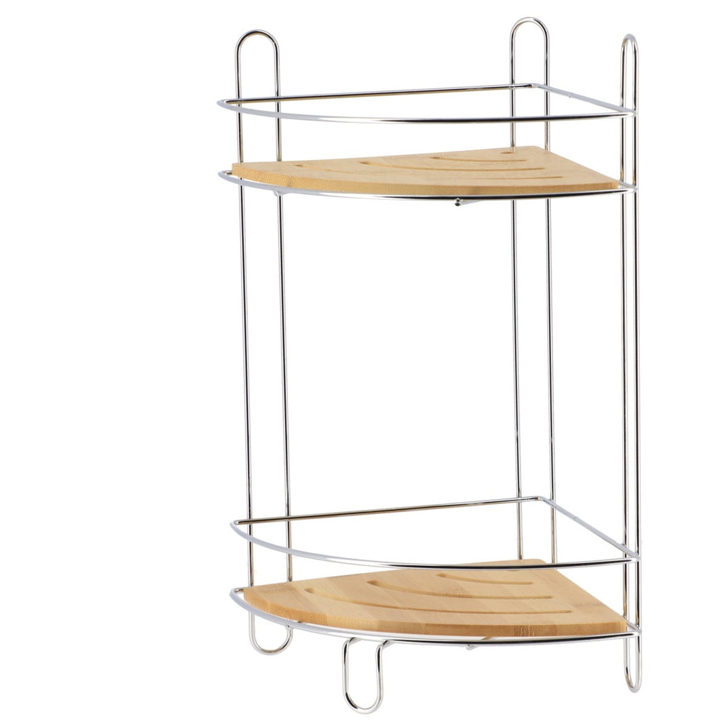 Etagere d'angle fil metal/bambou 2 niveaux - chrome/bambou