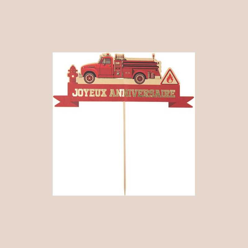 Cake topper "joyeux anniversaire" pompier papier kraft rouge or rv 20x8cm sur pic 16cm