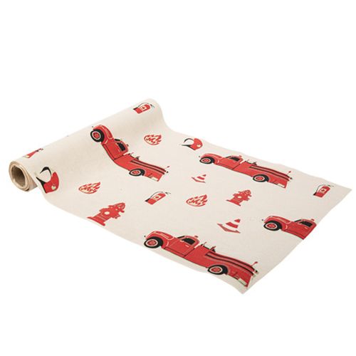 Chemin de table pompier suédine ivoire, floqué rouge et or 28cmx3m