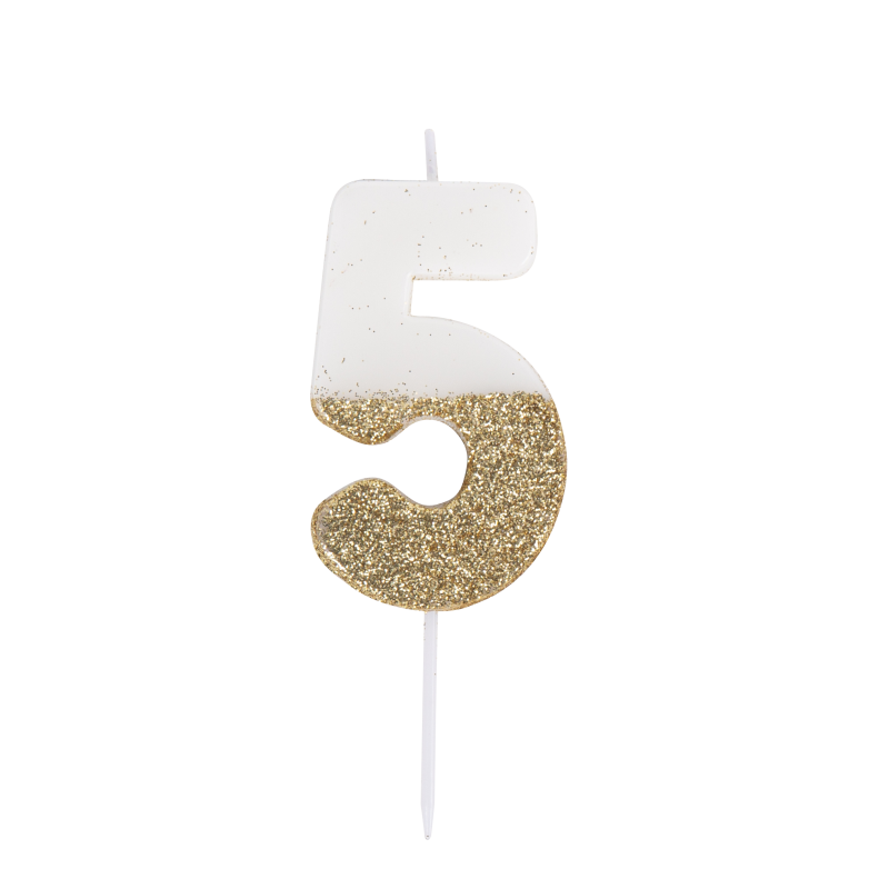Bougie chiffre 5 blanche paillettes or 7cm sur pic