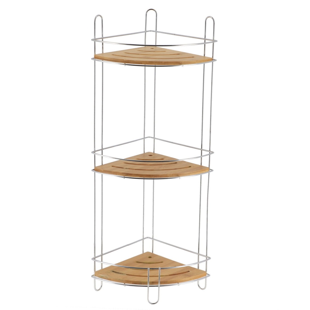 Etagere d'angle fil metal/bambou 3 niveaux - chrome/bambou