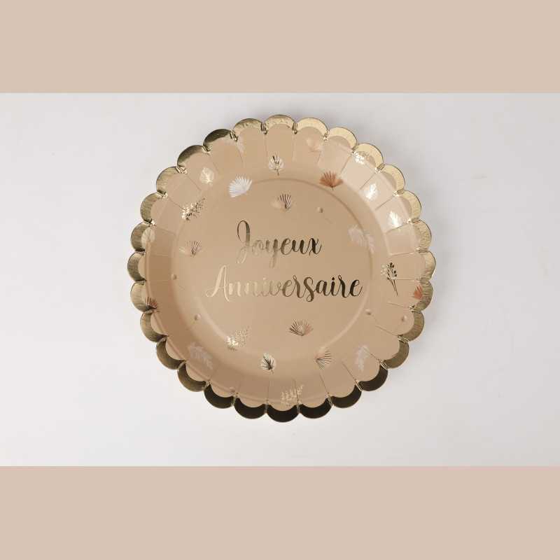 8 assiettes boho joyeux anniversaire blush et or 23cm