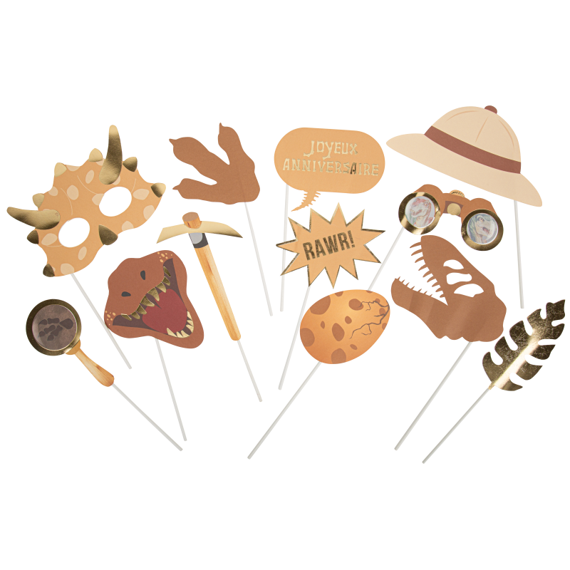 Kit photobooth dinosaure choco camel ivoire et or 12pcs