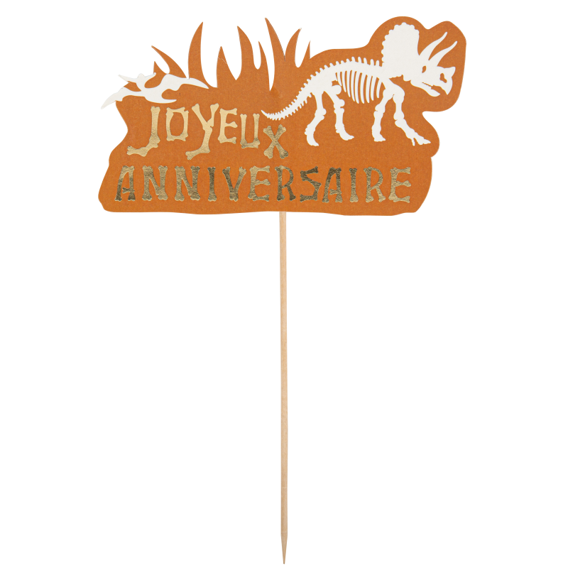 Cake topper dinosaure joyeux anniv. camel blanc or 16x8.7cm sur pic 15cm recto verso